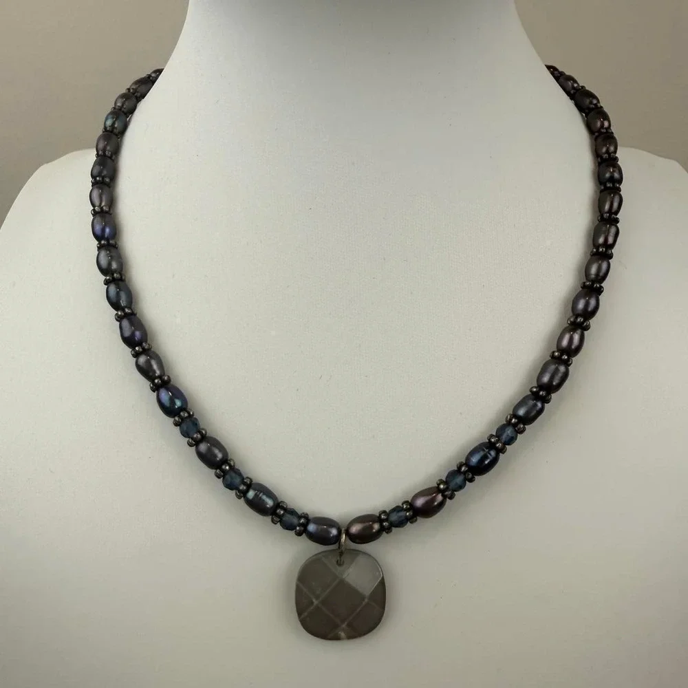 Peacock Pearl Necklace Faceted Square Pendant Dark Academia Beaded Strand